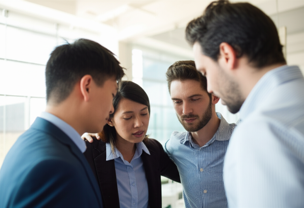 Team huddle showing unity and teamwork